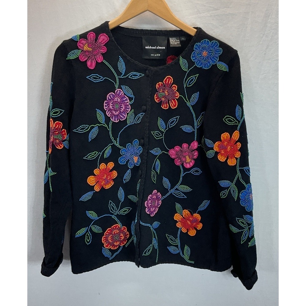 VTG Michael Simon‎ Sz LG Embroidered Beaded Cardigan Colorful Flowers Granny